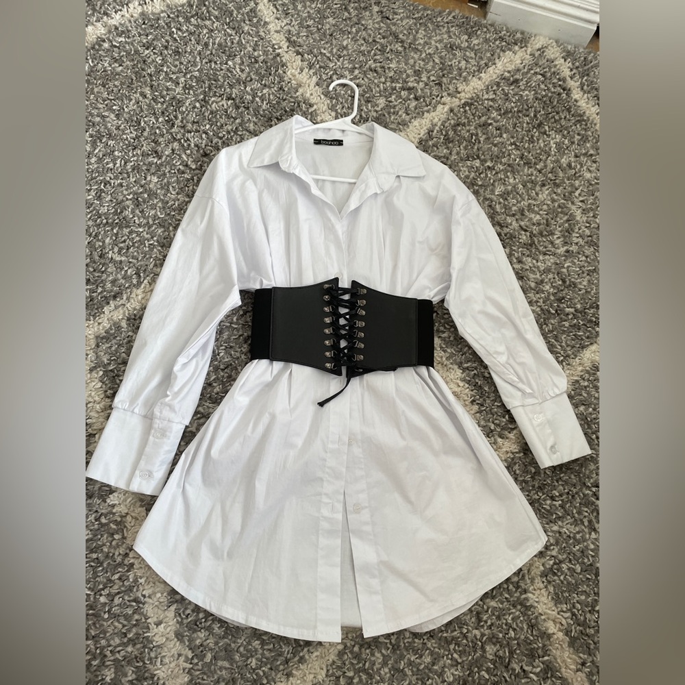 2 FOR $10 SALE - Long Sleeve White Button Down Dress w Corset Belt from Boohoo